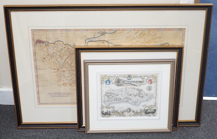 Thomas Moule (1784-1851), hand coloured engraving, Map of Sussex, as published c.1836-48) in Barclay's English Dictionary, 20.2 x 20.6cm, framed and glazed; Robert Morden (1650-1703), hand coloured engraving, Map of Kent